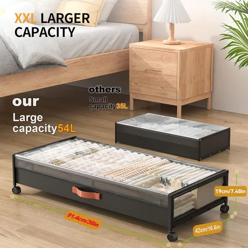 Vista 2 de Almacenamiento debajo de la cama con ruedas, contenedores de almacenamiento XXXL más grandes debajo de la cama con tapas transparentes, organizador