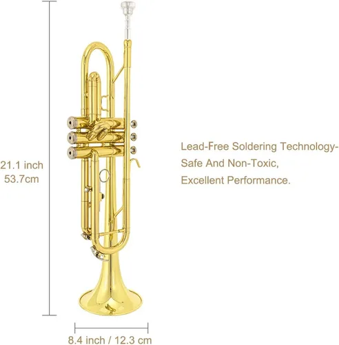 Vista 5 de Instrumento de trompeta, instrumentos musicales de banda y orquesta para principiantes, con estuche para trompeta, boquilla, paño y guantes (dorado)