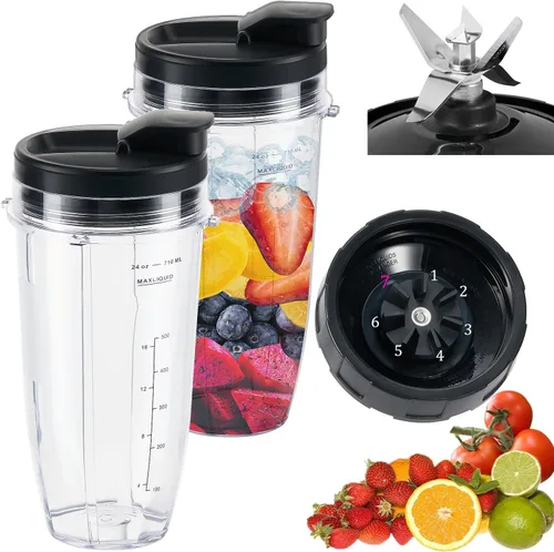 Vista 9 de Cuchilla macho de repuesto de 7 aletas y vaso de licuadora de 24 onzas con tapa compatible con Nutri Ninja Blender