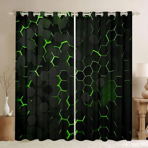 Vista 15 de Cortinas opacas negras de panal de abeja con luces de neón azul real, tratamientos de ventana con estampado geométrico hexagonal, decoración