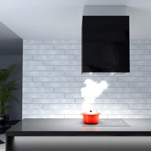 Vista 6 de Futuro Futuro Lombardy - Campana extractora negra de 24 pulgadas para montaje en isla, acero inoxidable y cristal negro, LED, ultra silenciosa