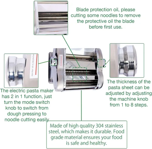 Vista 4 de Máquina eléctrica de pasta, máquina de rodillos de acero inoxidable, 2 cuchillas para fideos redondos delgados de 0.059 in y planos de 0.157 in