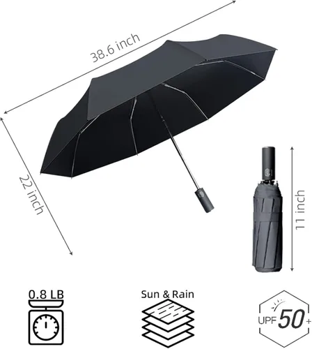 Vista 5 de ESUFEIR Paraguas pequeño de viaje para el sol y la lluvia, plegable, compacto, automático, protección UV, resistente al viento, mochila, coche