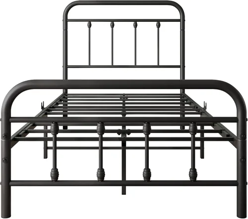 Vista 5 de Base de cama de tamaño individual vintage con cabecera y estribo, plataforma de metal resistente, soporte de listones de acero