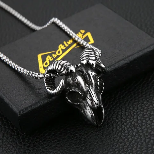 Vista 5 de AsAlways Demon Satan Necklace for Men Stainless Steel Retro Gothic Baphomet Goat Head Skull Pendant Necklace Jewelry Gift