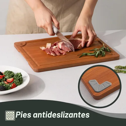 Vista 5 de Tabla de cortar de bambú extra grande con pies antideslizantes y tabla de cortar de madera para cocina con ranura de jugos para carne, verduras