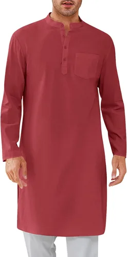 Vista 9 de Bata de caftán para hombre, con botones, manga larga, estilo Henley, de algodón, casual, con abertura lateral Blanco