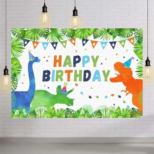 Vista 4 de AIBIIN Fondo de cumpleaños de dinosaurios de 7 x 5 pies para niños y niñas, dinosaurios, plantas del bosque, banderas, fondo de fotografía
