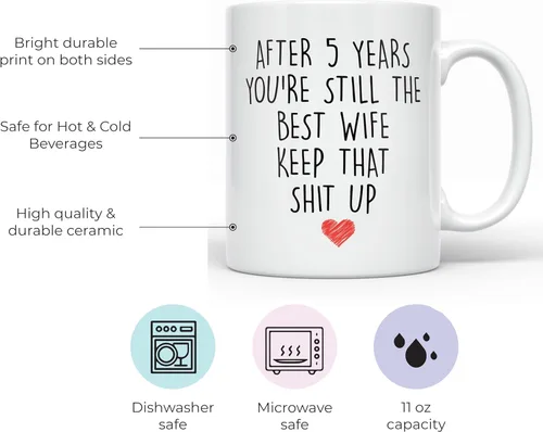Vista 2 de YouNique Designs Taza de café de aniversario de 5 años para ella, 11 onzas, 5ª taza de aniversario de boda para esposa, cinco años, quinto año, 5º