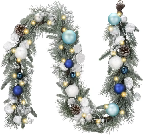 Vista 10 de Valery Madelyn - Guirnalda de Navidad de 1,8 m, preiluminada, con luces, para manto, guirnalda navideña iluminada para exteriores, con bolas