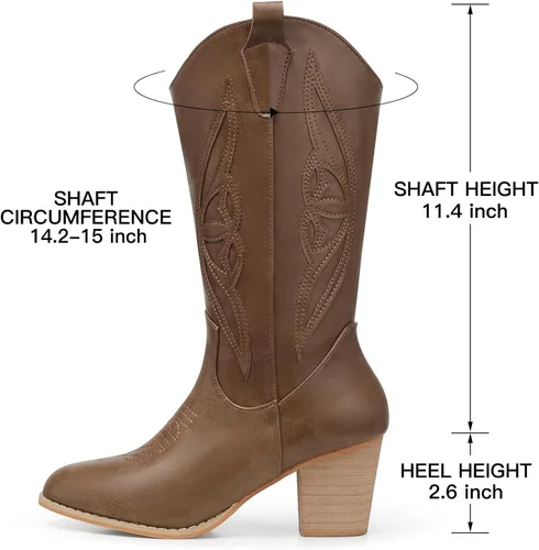 Vista 4 de SHIBEVER Botas vaqueras para mujer Medio Botas vaqueras negras de pantorrilla ancha con bordado occidental de tacón alto con punta redonda