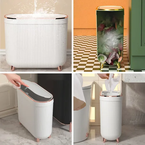 Vista 4 de Aupekro Basurero de baño con tapa, 3.1 galones / 12 litros, cubo de basura delgado, contenedor de basura rectangular de plástico estrecho para sala