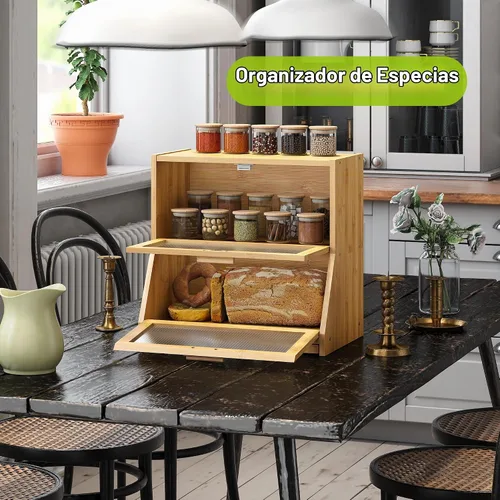 Vista 4 de BMOSU Panera grande de doble capa con tabla de cortar para encimera de cocina, panera con ventana de vidrio esmerilado de bambú (natural)