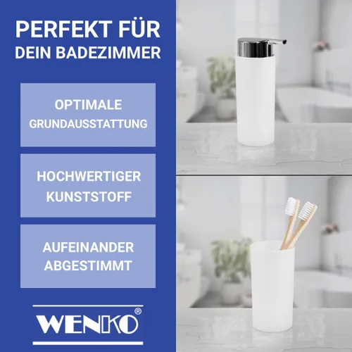 Vista 5 de WENKO Accesorios de baño blancos, juego de 4 piezas, vaso de cepillo de dientes, basura, dispensador de jabón, soporte para cepillo de inodoro