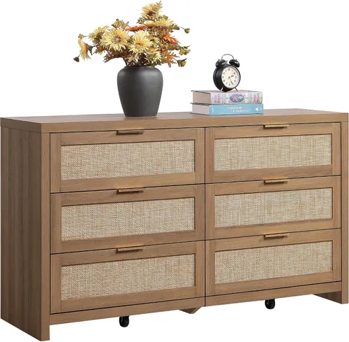 Vista 10 de SICOTAS Cómoda de ratán para dormitorio, cómoda de 57 pulgadas de ancho con 6 cajones con amplio almacenamiento, cómoda de madera, cómoda grande