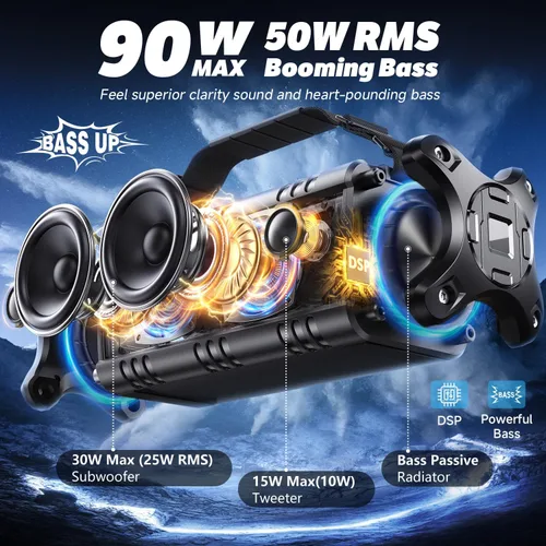 Vista 3 de W-KING - Altavoz Bluetooth, potente altavoz Bluetooth de 50 W, resistente al agua, gran altavoz portátil para exteriores inalámbrico para graves