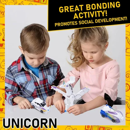 Vista 3 de Juguete transformador definitivo de coche de unicornio – Colisión con unicornios mágicos! 2 piezas de coche transformador robot para niños Azul