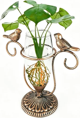 Vista 7 de Paquete de 2 Terrarios de Plantas de Escritorio, Jarrón de Vidrio con Arte de Pájaros para Propagación, Macetas de Propagación con Marco de Metal