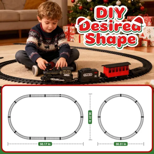 Vista 4 de Juego de tren de árbol de Navidad de 15 piezas con humo, sonido y luces, pista elegante y vagones de pasajeros vintage para Navidad, juego de tren