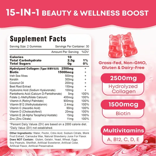 Vista 4 de Gomitas de péptido de colágeno para mujeres y hombres, sin azúcar, colágeno hidrolizado con biotina para cabello, piel, uñas y digestión, proteína