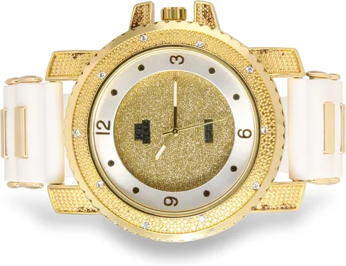 Vista 5 de Techno Pave Reloj de gran tamaño de 2.047 in para hombre, bisel brillante, esfera redonda, correa de silicona, acabado en oro y plata de 14
