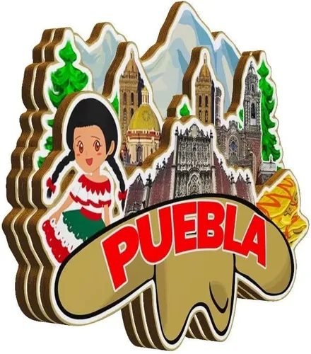 Vista 2 de Imán de madera para nevera de Puebla México Monumentos 3D de viaje coleccionables, recuerdos decorativos hechos a mano -2343