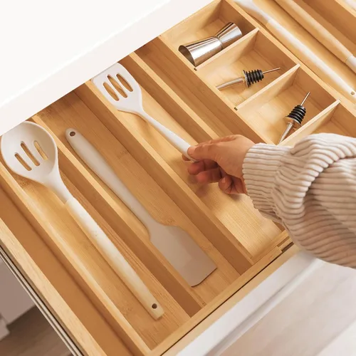 Vista 4 de Organizador de cajones expandible de bambú de alta calidad: organizador de cajones de cocina expandible y bandeja de utensilios con divisores