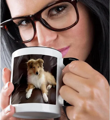 Vista 2 de 3dRose Rough Collie Puppy-Taza negra de dos tonos, 11 onzas, multicolor
