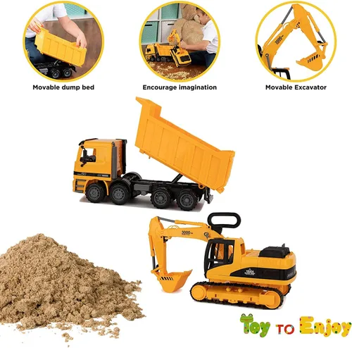 Vista 5 de Toy To Enjoy Juguetes de construcción – Excavadora y camión volquete de juguete para niños (juego de 2) – Garra movible y elevación trasera – Camión
