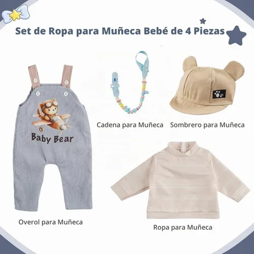 Vista 4 de BABESIDE - Juego de 4 piezas de ropa de muñeca de bebé Reborn para muñecas de 17 a 22 pulgadas, lindo conjunto de overol de muñeca de oso