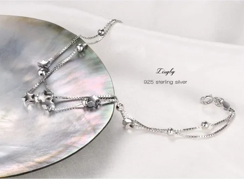 Vista 4 de LINGBG JEWELRY Pulseras en capas de plata de ley 925, pulseras de amor con corazón, pulseras de estrellas para mujer, pulseras de doble hebra