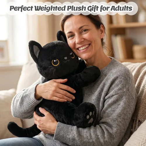 Vista 4 de BRICHOEE Animales de peluche con peso de 5 libras, peluche de gato negro calmante con peso, lindo juguete de peluche sensorial, almohada de peluche