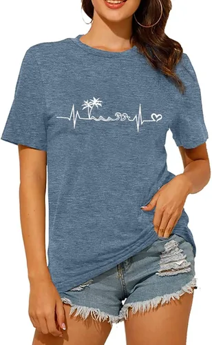 Vista 2 de Camiseta de manga corta con estampado de corazón para mujer, camiseta con estampado de corazón y estampado de corazón Azul