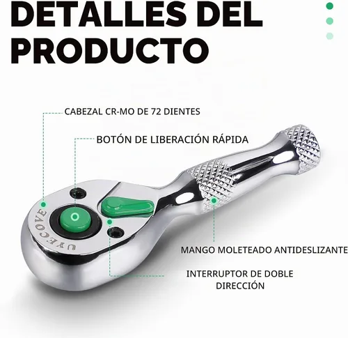 Vista 2 de Llave de trinquete de 1/4 pulgadas Llave de trinquete rechoncha 3.54 ''/3.5 in Llave de trinquete de 1/4 72 dientes reversible Cr-Mo cabeza