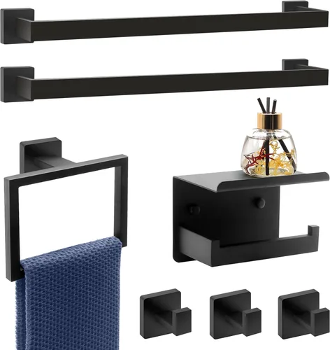 Vista 10 de Juego de barras para toallas de 5 piezas en negro y dorado - Accesorios de baño dorados y negros con 2 ganchos para toallas, juego de barras