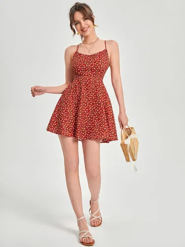 Vista 5 de Floerns Vestido corto sin mangas para mujer, diseño floral, espalda descubierta, con lazo en la espalda