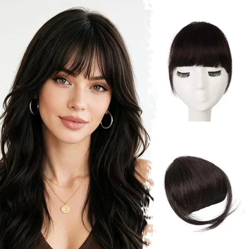Vista 9 de BARSDAR Flequillo postizo de pelo humano real - Flequillo postizo 100% pelo humano para mujeres - Extensiones de flequillo ondulado castaño rojizo
