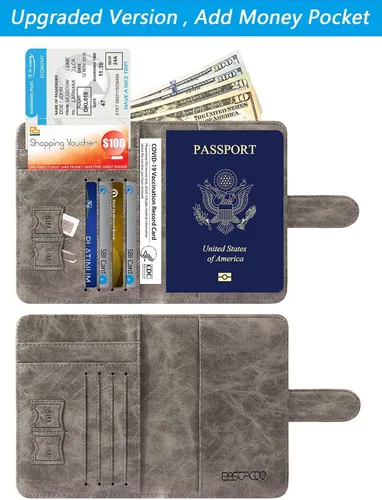 Vista 3 de Funda para pasaporte de piel con bloqueo RFID, accesorios de viaje para mujeres y hombres, gris), 43528-18280