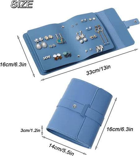 Vista 2 de Organizador de aretes con diseño de libro plegable, organizador de libros de aretes, estuche portátil de cuero sintético para aretes de viaje (azul)