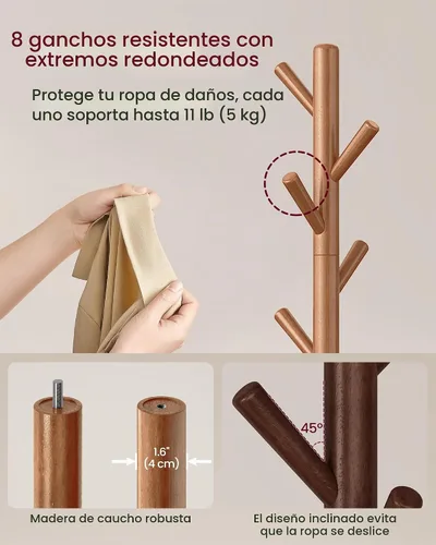 Vista 4 de VASAGLE Perchero de madera maciza, árbol de entrada con 8 ganchos, 3 opciones de altura, para abrigos, sombreros, bolsos, carteras, para entrada