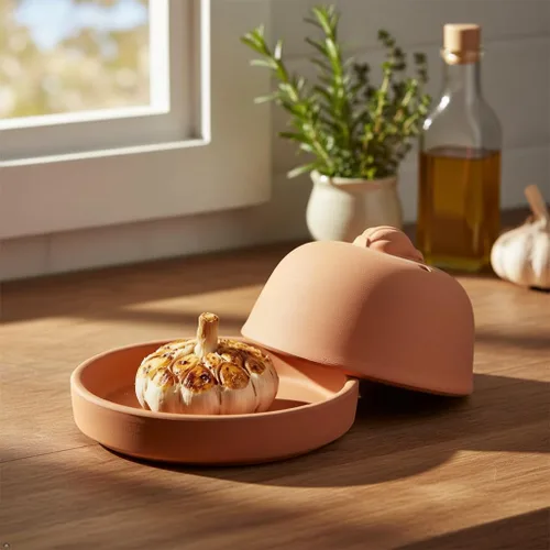 Vista 5 de Eurita Terra Cotta - Asador de ajo con tapa y ventilación de vapor, horneador de ajo de arcilla natural para horno o microondas, plato para asar ajo