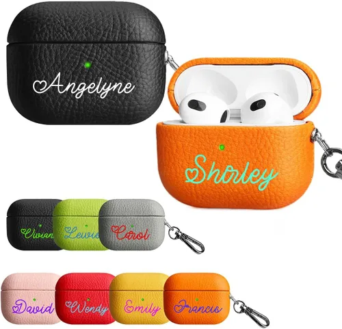 Vista 9 de Funda personalizada con nombre para AirPods Pro, añade tus propias iniciales personalizadas, monograma, funda de lujo de cuero vegano para Air Pods