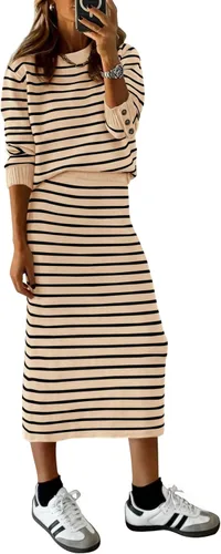 Vista 13 de PRETTYGARDEN - Conjunto de falda de suéter a rayas de 2 piezas para mujer Rayas de albaricoque
