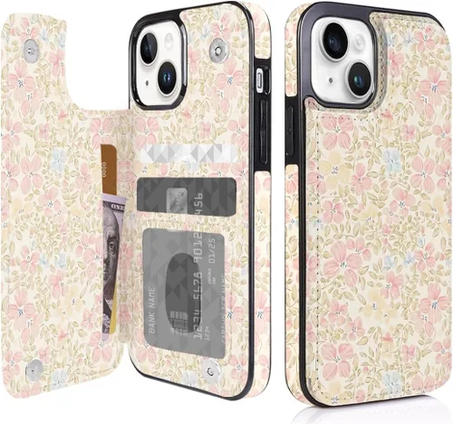 Vista 30 de Funda compatible con iPhone 14/15 con tarjetero y ranuras integradas de piel sintética con función atril y a prueba de golpes para iPhone 14/15