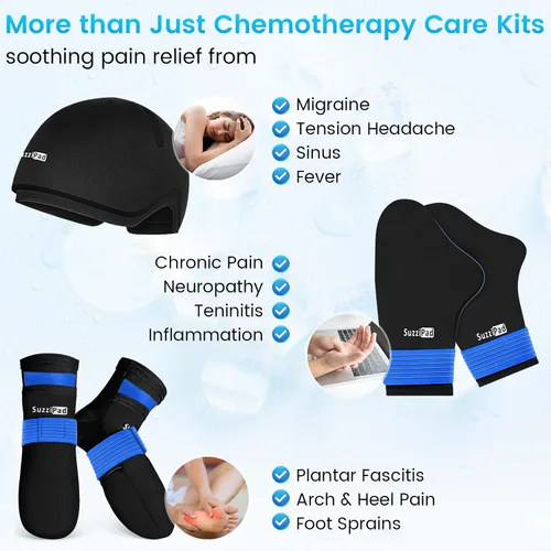 Vista 3 de SuzziPad Ice Pack - Gorro para aliviar el estrés, calcetines de enfriamiento y guantes fríos para neuropatía por quimioterapia, artículos
