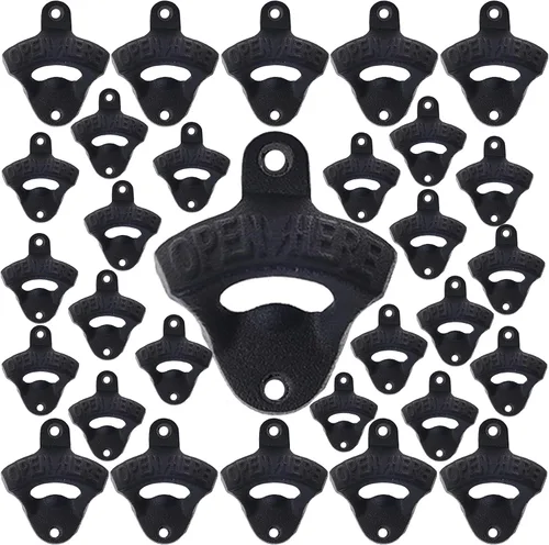 Vista 8 de Abridor de botellas de hierro fundido negro montado en la pared con tornillos montables para mesa de poste enfriador de madera (paquete de 3)