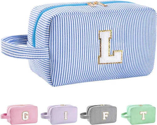 Vista 193 de Bolsa de maquillaje personalizada con inicial A-Z para mujeres, niñas y niños, bolsa de aseo de viaje, bolsa de maquillaje preparada, bolsa