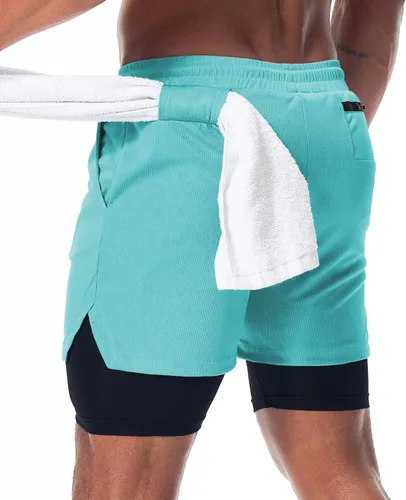 Vista 2 de Surenow - Pantalones cortos de correr para hombre, pantalones cortos 2 en 1 para entrenamiento, de 7 pulgadas, para yoga, deportes al aire libre