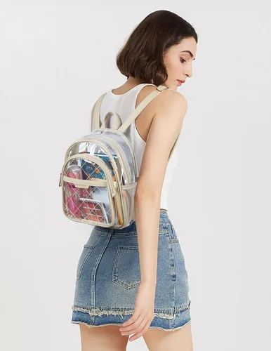 Vista 14 de Missnine Mochila transparente aprobada para estadios, mini bolsa transparente de PVC grueso con ribete de cuero para eventos deportivos, conciertos