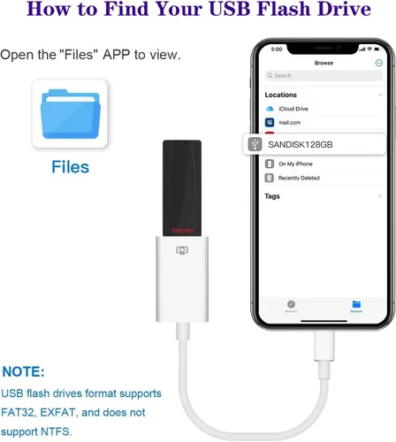 Vista 5 de Adaptador de cámara Lightning a USB, cable USB OTG certificado MFi de Apple Converter for iPhone 14 13 12 11 Pro Max XS XR X 8 iPad, Support